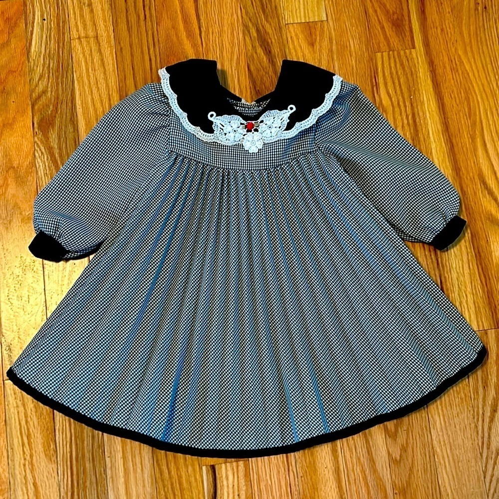 Rose Cottage Toddler Dress Size 18mo Black/White Pleated with Velvet Trim